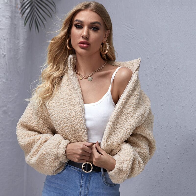 

Drop Shoulder Zipper Up Teddy Jacket, Beige