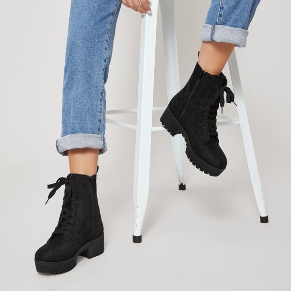 

Faux Suede Lug Platform Sole Booties, Black