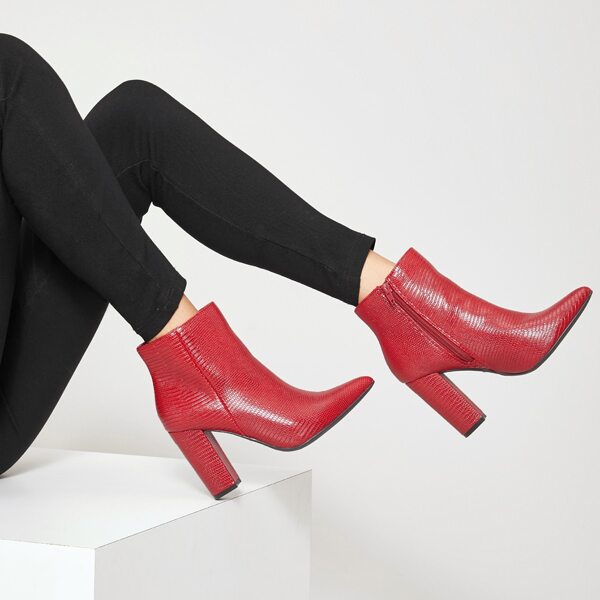 

Lizard Embossed Zip-Up Block Heel Boots, Red