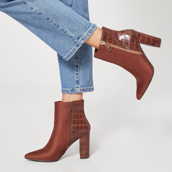 

Faux Croc Leather Vegan Suede Ankle Booties, Brown