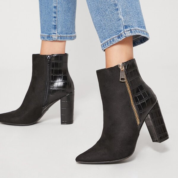 

Croc Embossed Faux Suede Block Heel Boots, Black