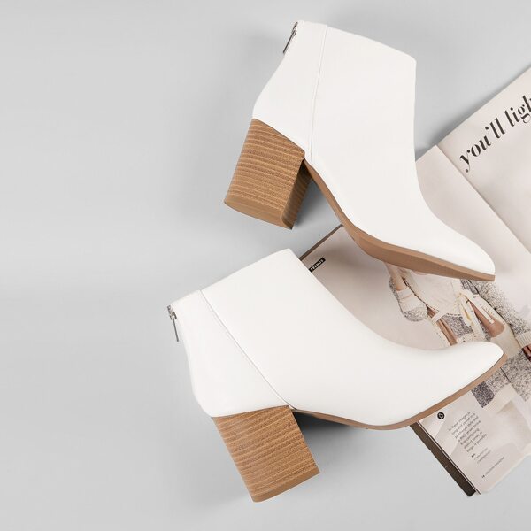 

Faux Leather Wooden Block Heel Ankle Boots, White