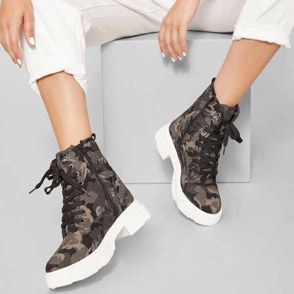 

Camo Print Lace-Up Ankle Combat Boots, Navy blue
