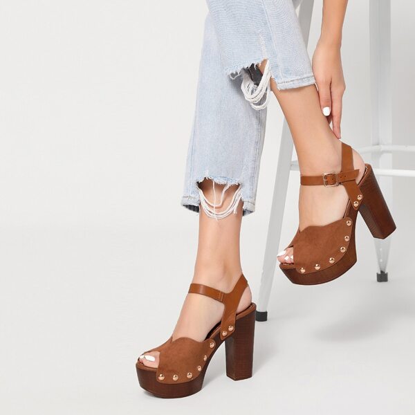 

Faux Suede Open-Toe Beaded Platform Heels, Brown