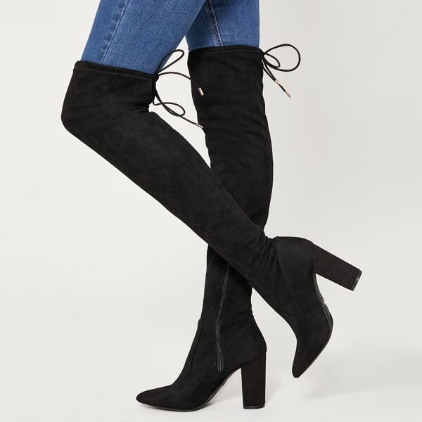 

Faux Suede Thigh-High High Block Heel Boots, Black