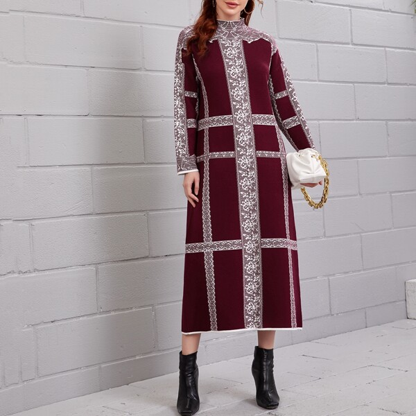 

Funnel Neck Tribal Knit Sweater Dress, Maroon