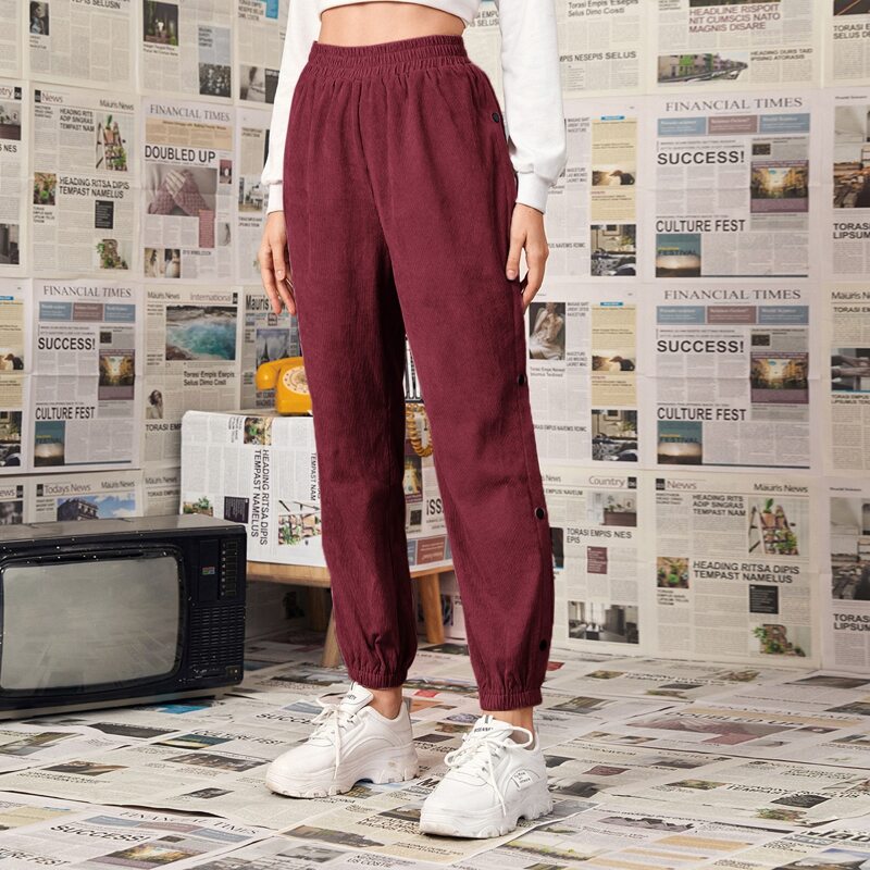 

Elastic Waist Corduroy Tapered Pants, Maroon