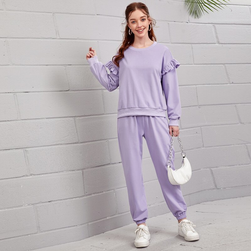 

Ruffle Trim Solid Sweatshirt & Sweatpants Set, Lilac purple