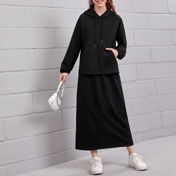 

Kangaroo Pocket Drawstring Hoodie & Skirt, Black