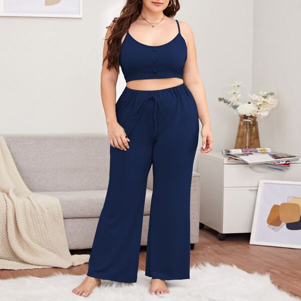 

Plus Solid Button Detail Cami Pajama Set, Navy blue