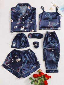 7pcs Crane & Tropical Print Satin PJ Set - Navy Blue - View 1