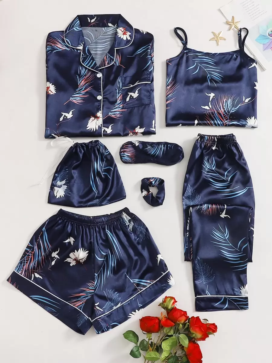 7pcs Crane & Tropical Print Satin PJ Set - Navy Blue - View 1