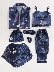 7pcs Crane & Tropical Print Satin PJ Set - Navy Blue - View 3