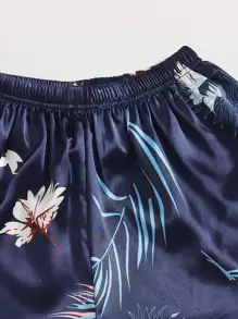 7pcs Crane & Tropical Print Satin PJ Set - Navy Blue - View 5