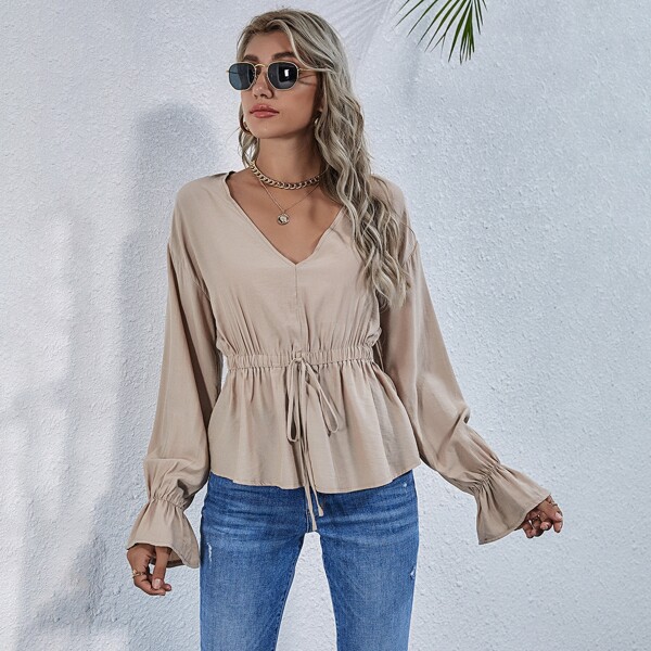 

Drawstring Waist Peplum Top, Khaki