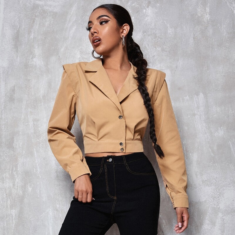 

Single Breasted Lapel Collar Crop Jacket, Apricot