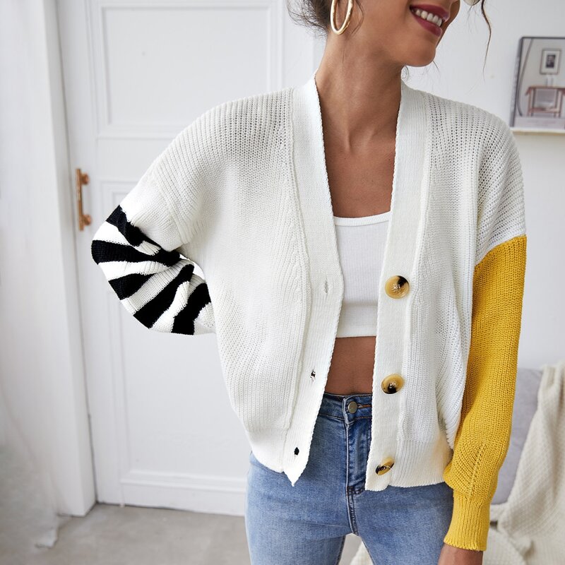 

Striped Pattern Button Front Cardigan, Beige