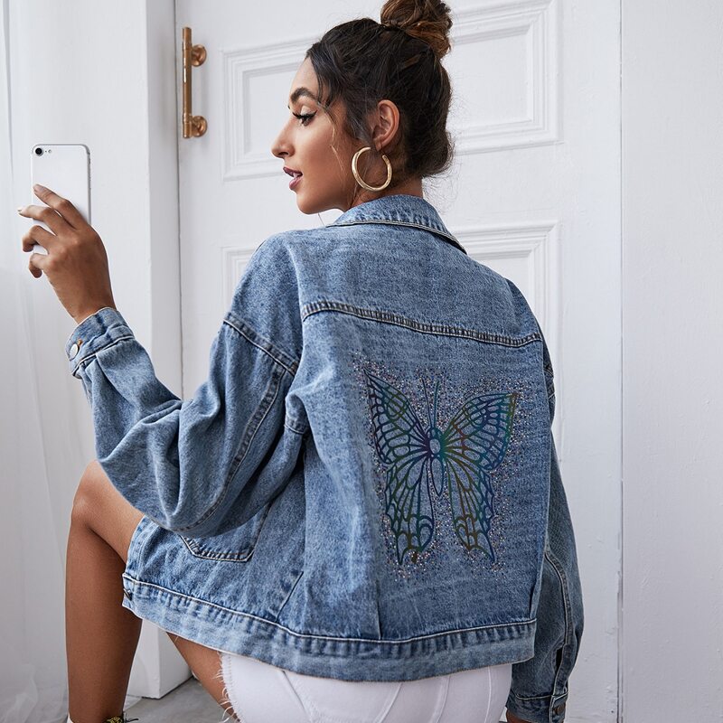 

Drop Shoulder Butterfly Print Denim Jacket, Light wash