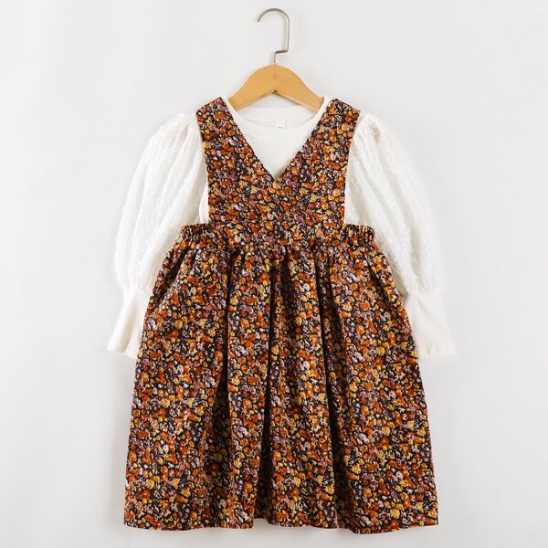 

Girls Contrast Lace Tee & Ditsy Floral Overall Dress, Multicolor