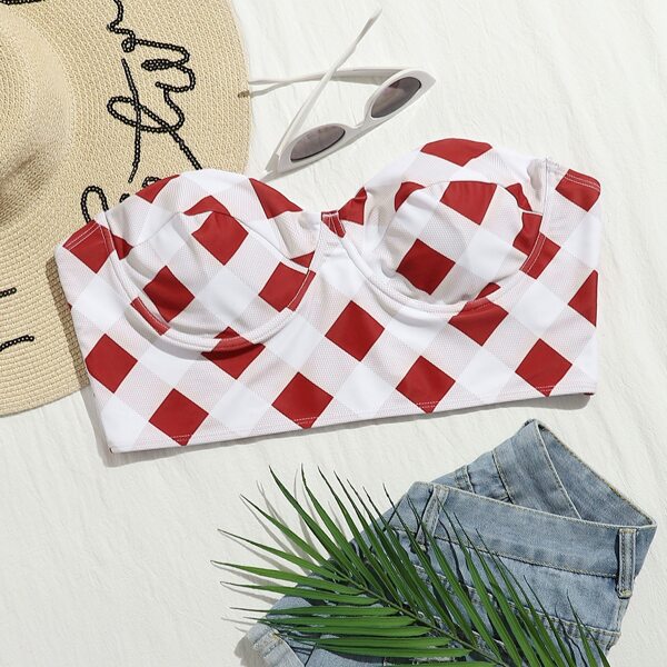 

Plus Plaid Underwire Bikini Top, Red and white