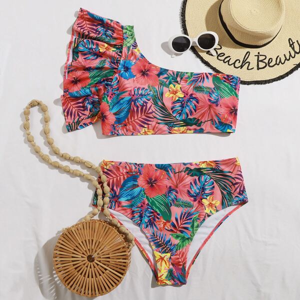 

Plus Floral & Tropical One Shoulder Bikini Swimsuit, Multicolor