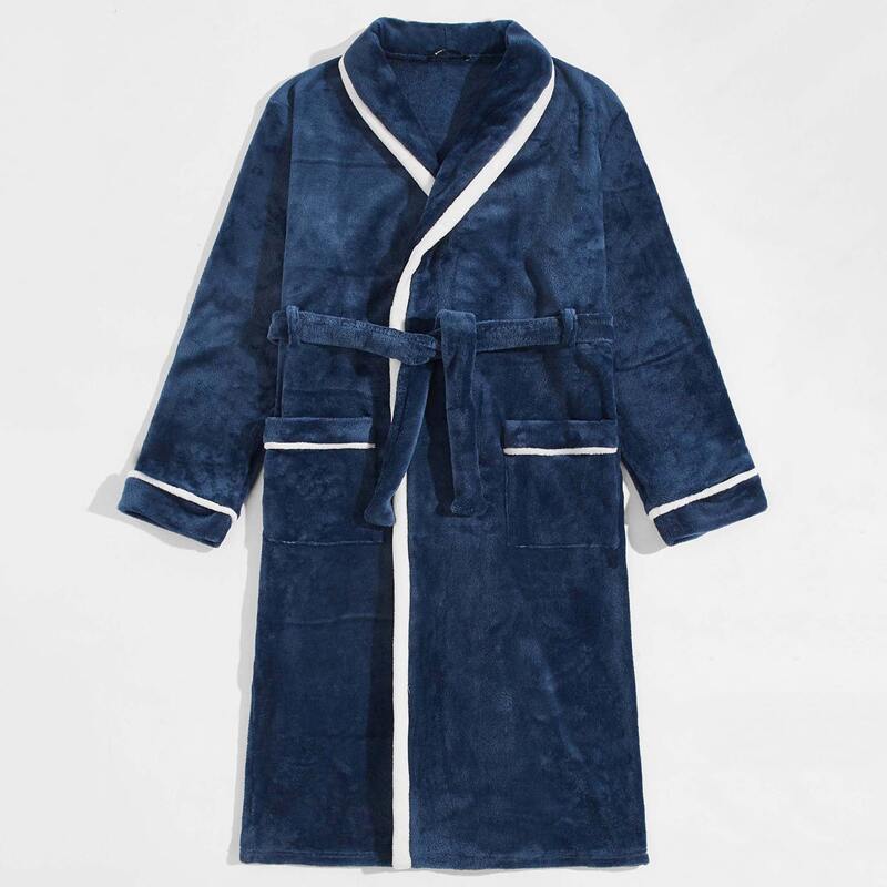 

Guys Contrast Binding Belted Teddy Robe, Navy blue