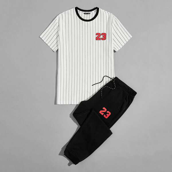 

Men Number Graphic Striped Top & Sweatpants Set, Black and white