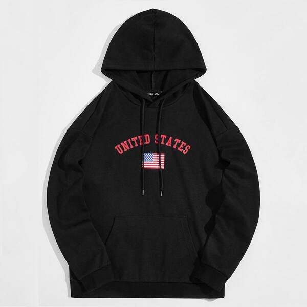 

Men Letter and Flag Print Hoodie, Black