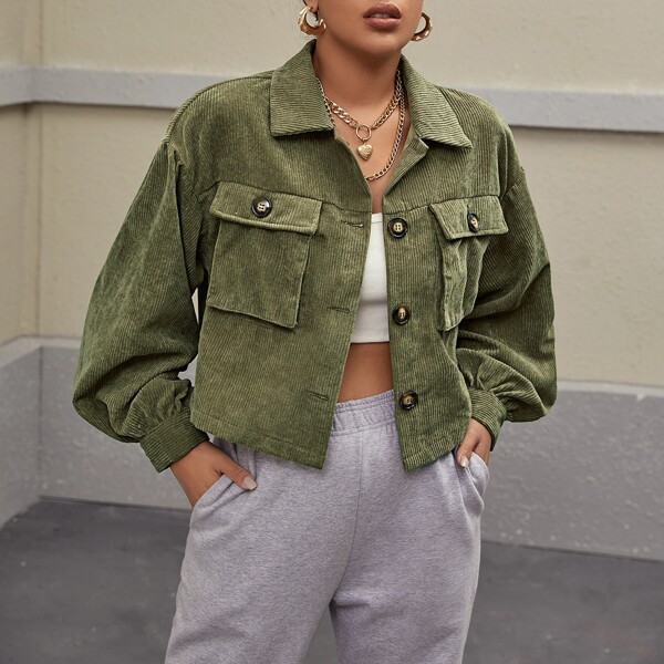 

Single Breasted Flap Pocket Cord Jacket, Army green