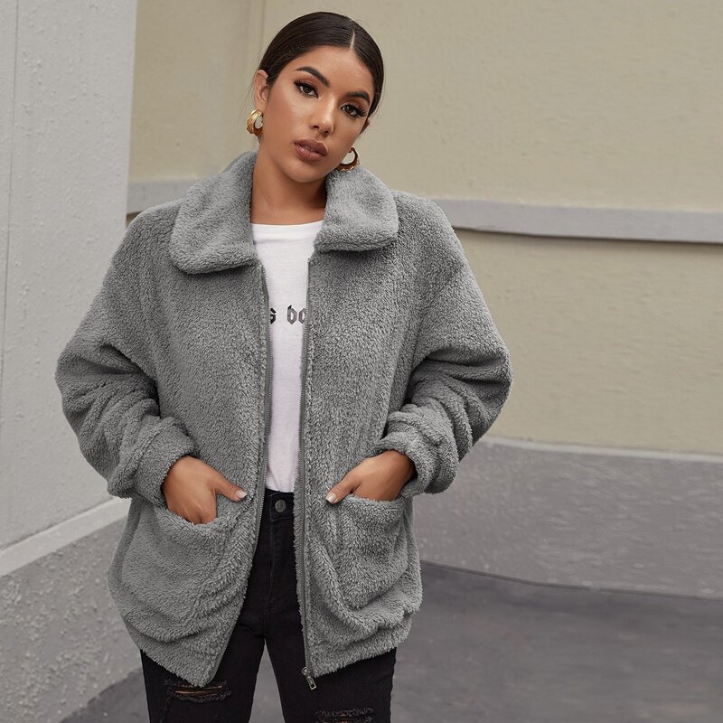 

Drop Shoulder Patch Pocket Zipper Up Teddy Jacket, Grey
