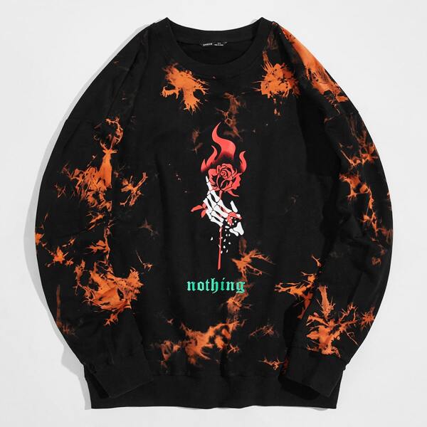 

Men Letter and Floral Print Tie Dye Pullover, Black