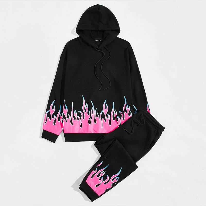 

Guys Fire Print Drop Shoulder Drawstring Hoodie & Joggers Set, Black