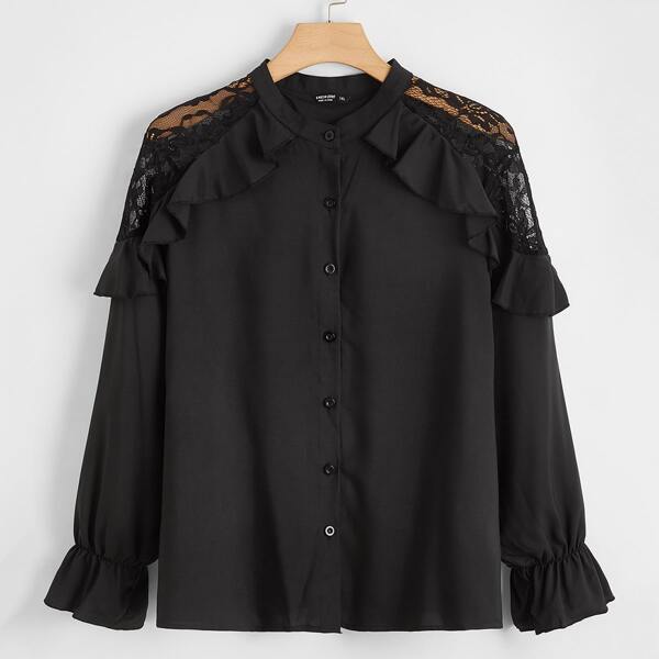 

Plus Lace Panel Flounce Sleeve Button Up Blouse, Black