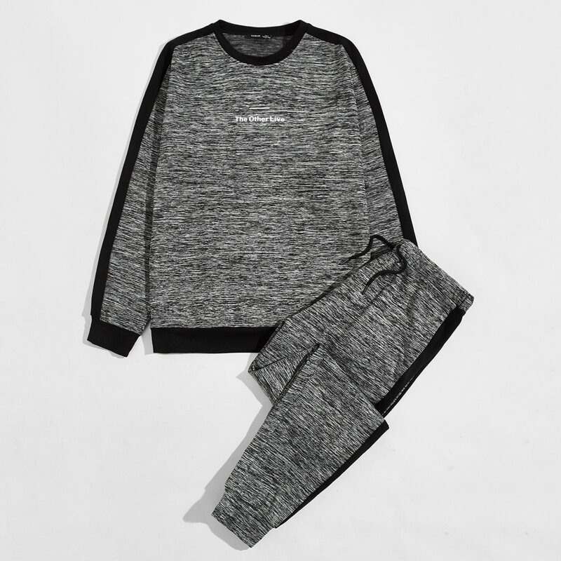 

Guys Contrast Side Slogan Graphic Space Dye Pullover & Joggers Set, Dark grey