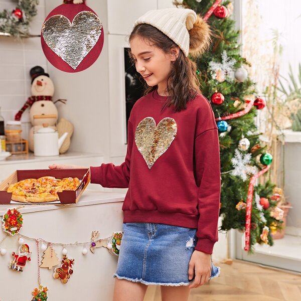

Girls Drop Shoulder Contrast Sequin Patched Pullover, Burgundy