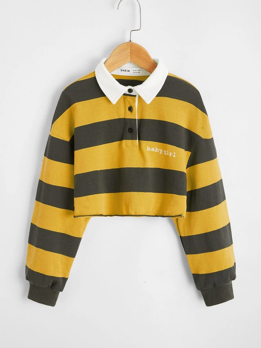 SHEIN 女孩落肩刺繡字母拼色polo襯衫 - 彩色 - 查看 1