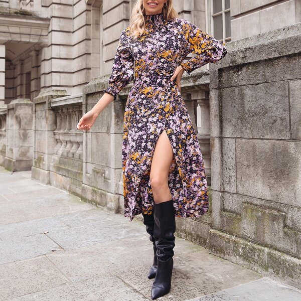

Ditsy Floral Lantern Sleeve Shirred Detail Split Thigh Dress, Multicolor
