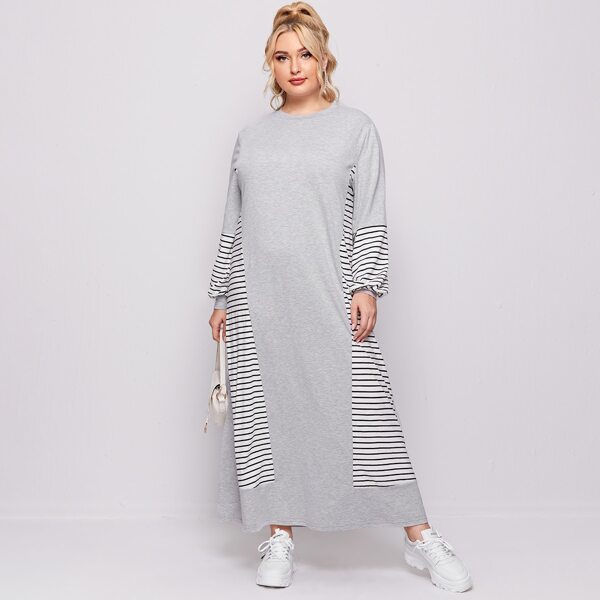

Plus Lantern Sleeve Striped Panel Dress, Light grey
