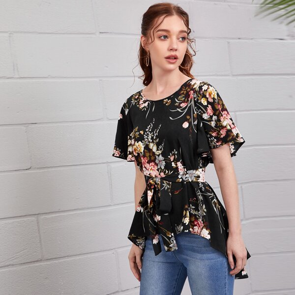 

High-Low Hem Belted Floral Top, Multicolor
