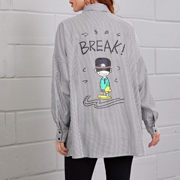 

Letter and Figure Graphic Pocket Patched Drop Shoulder Blouse, Black and white