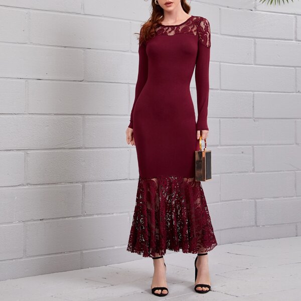 

Lace Panel Fishtail Hem Pencil Dress, Maroon