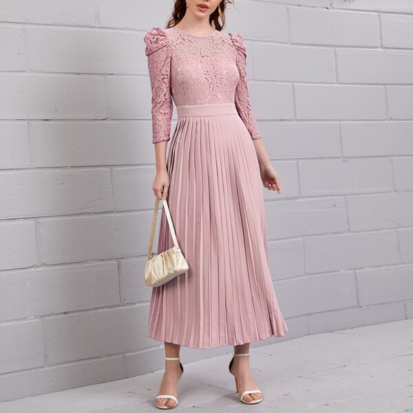 

Lace Bodice Pleated Hem Dress, Pastel baby pink