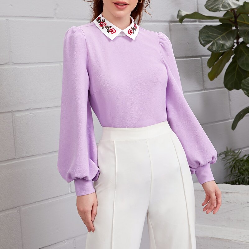 

Embroidery Contrast Collar Lantern Sleeve Top, Lilac purple
