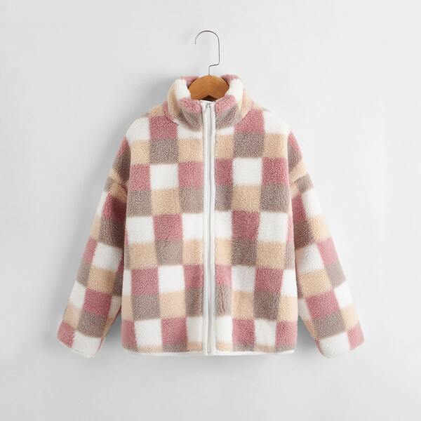 Girls Drop Shoulder Plaid Teddy Coat, Multicolor
