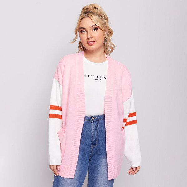 

Plus Open Front Striped Drop Sleeve Cardigan, Baby pink
