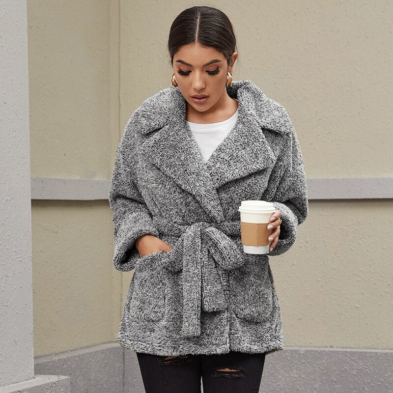 

Lapel Neck Drop Shoulder Belted Teddy Coat, Grey