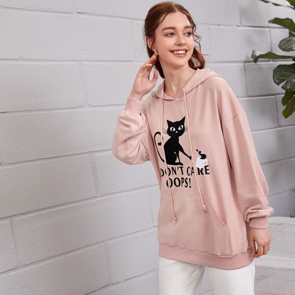 

Cat & Slogan Graphic Drop Shoulder Hoodie, Pastel baby pink