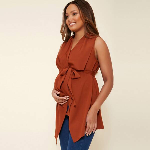 

Maternity Waterfall Neck Belted Vest, Rust brown