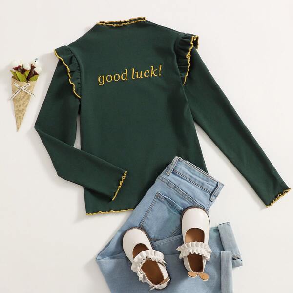 

Girls Slogan Embroidered Contrast Lettuce Trim Top, Dark green