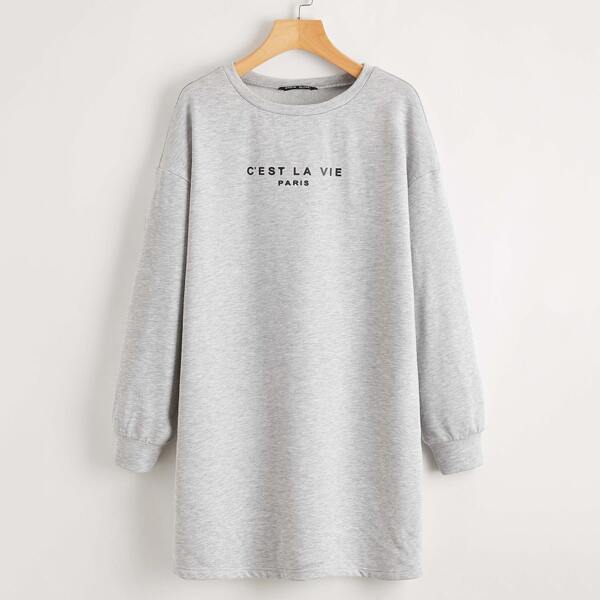 

Slogan Graphic Drop Shoulder Sweatshirt Dress, Light grey